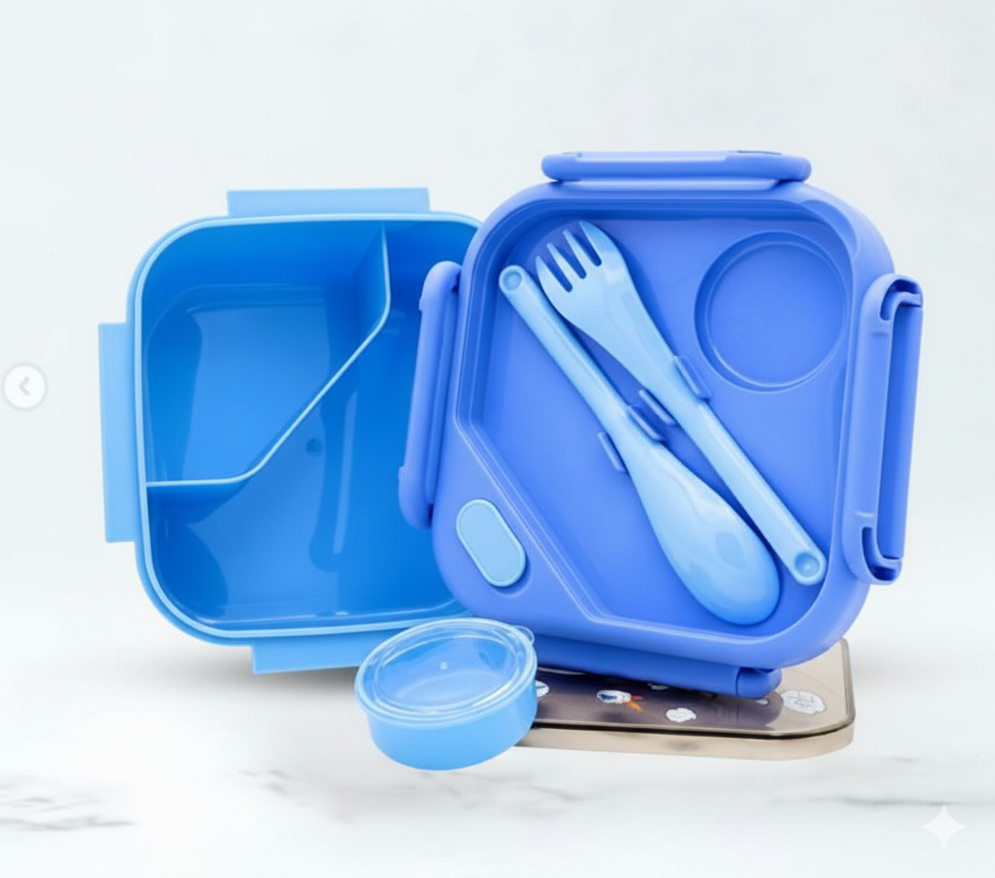 BPA-Free Square Lunch Box with Spoon, Fork & Sauce Box