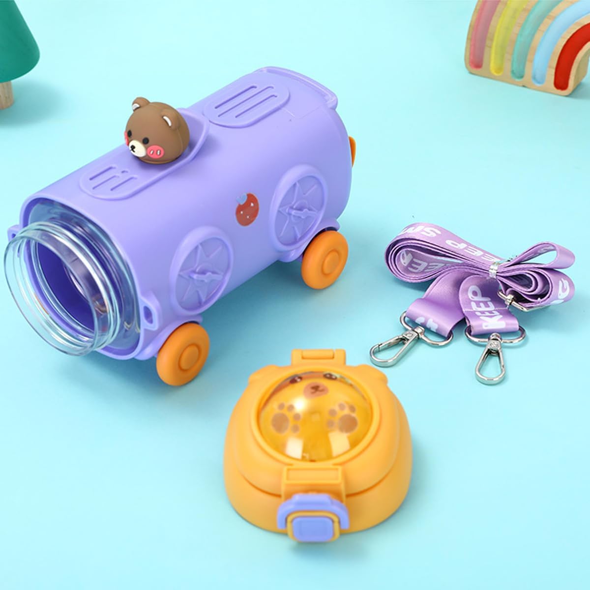 500ml Kids Water Bottle – Train Design, Leak-Proof with Adjustable Shoulder Strap - Kinder Kreato