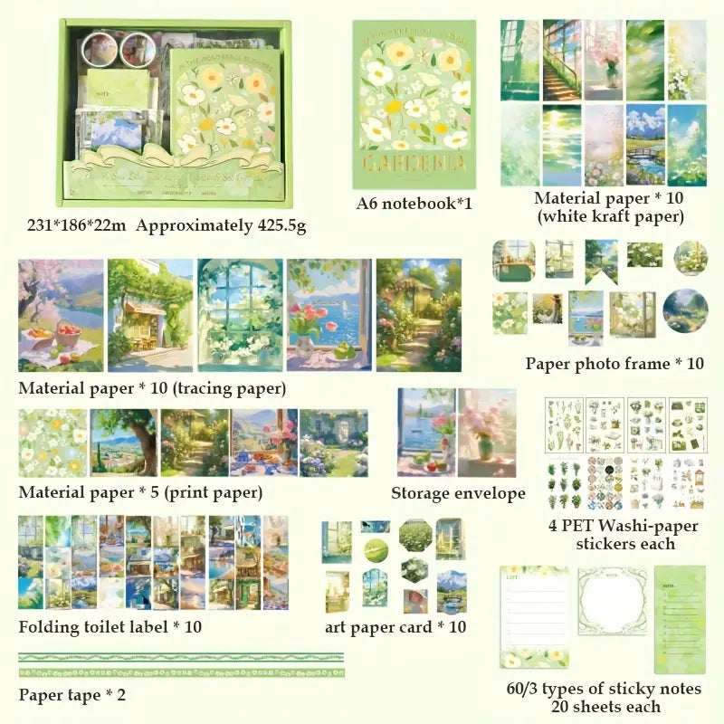 Vintage Vibrant Floral Diary Gift Box – 124 Items (Green) - Kinder Kreato