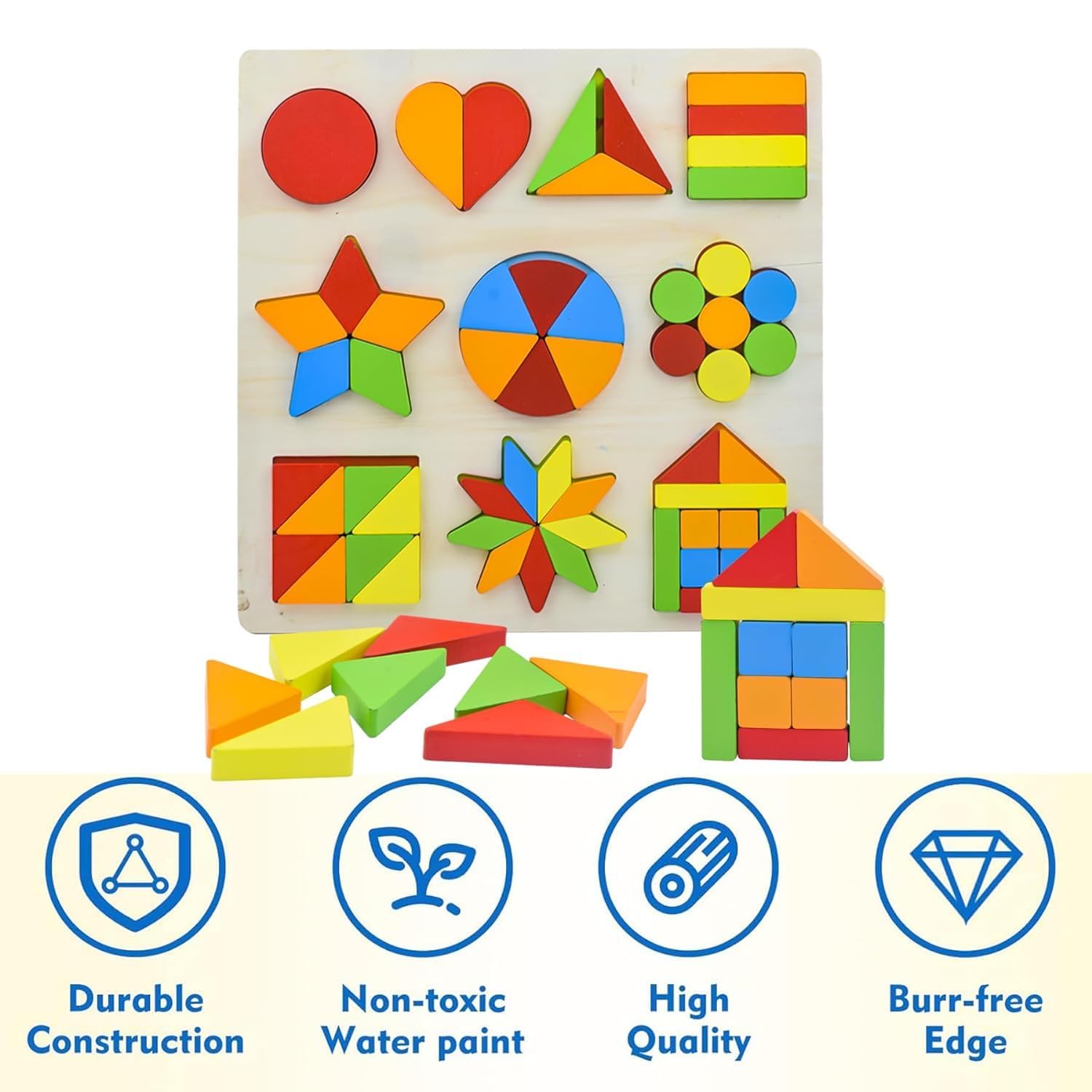 Wooden Geometric Shapes Colorful Montessori Puzzles - Kinder Kreato