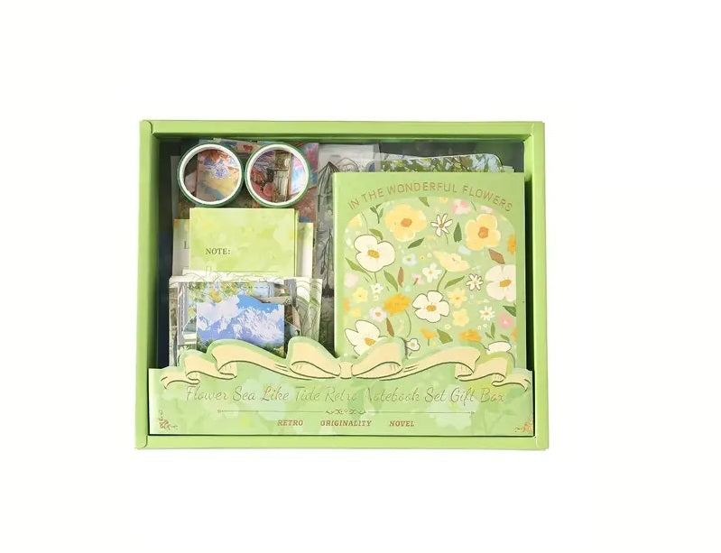 Vintage Vibrant Floral Diary Gift Box – 124 Items (Green) - Kinder Kreato