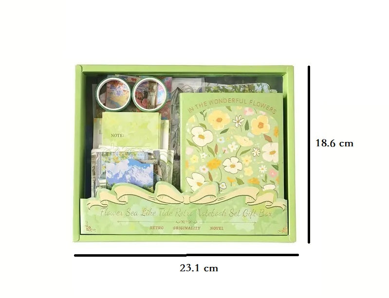 Vintage Vibrant Floral Diary Gift Box – 124 Items (Green) - Kinder Kreato