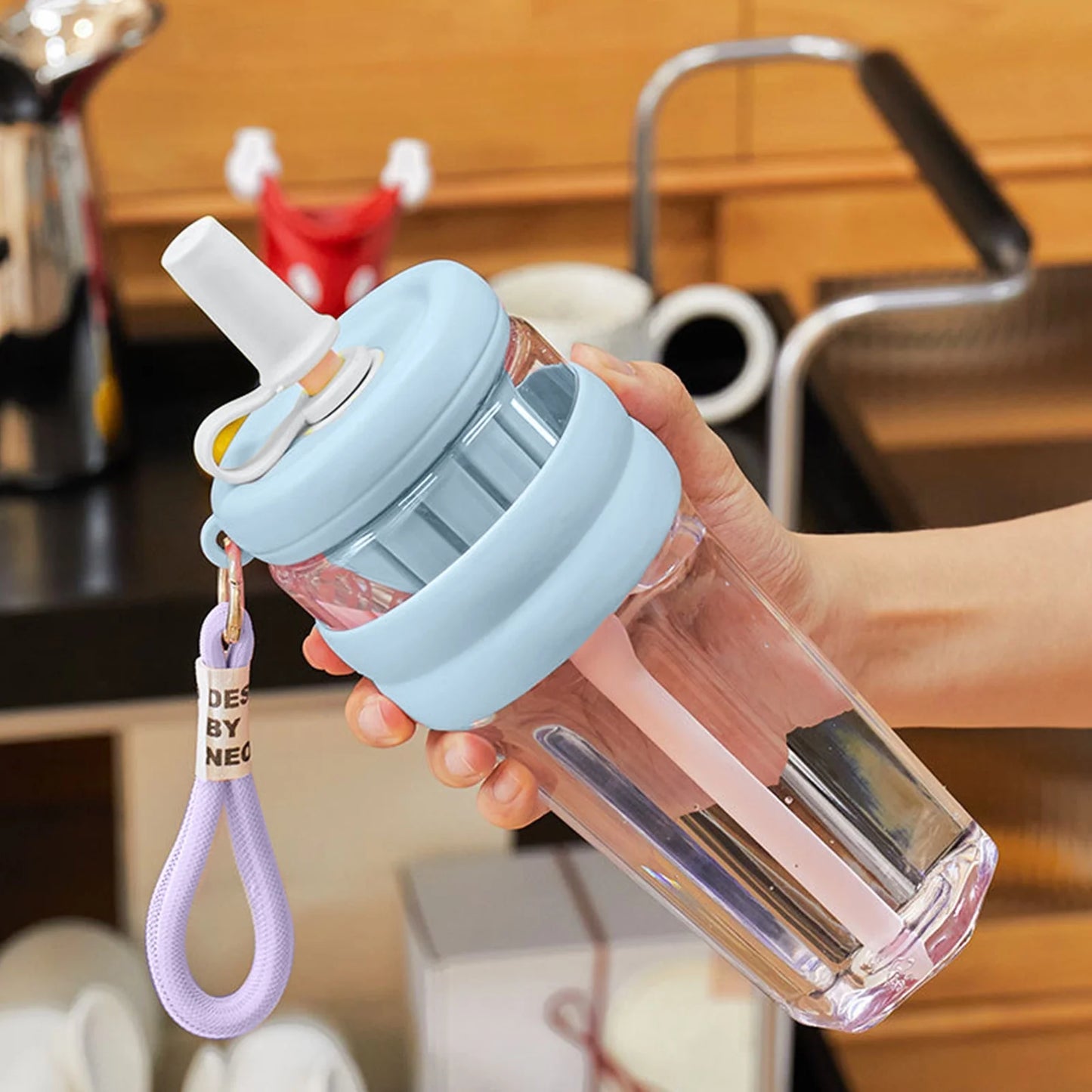 Flower Tea Cup Plastic Straw Cup With Handle Flower - Blue - Kinder Kreato