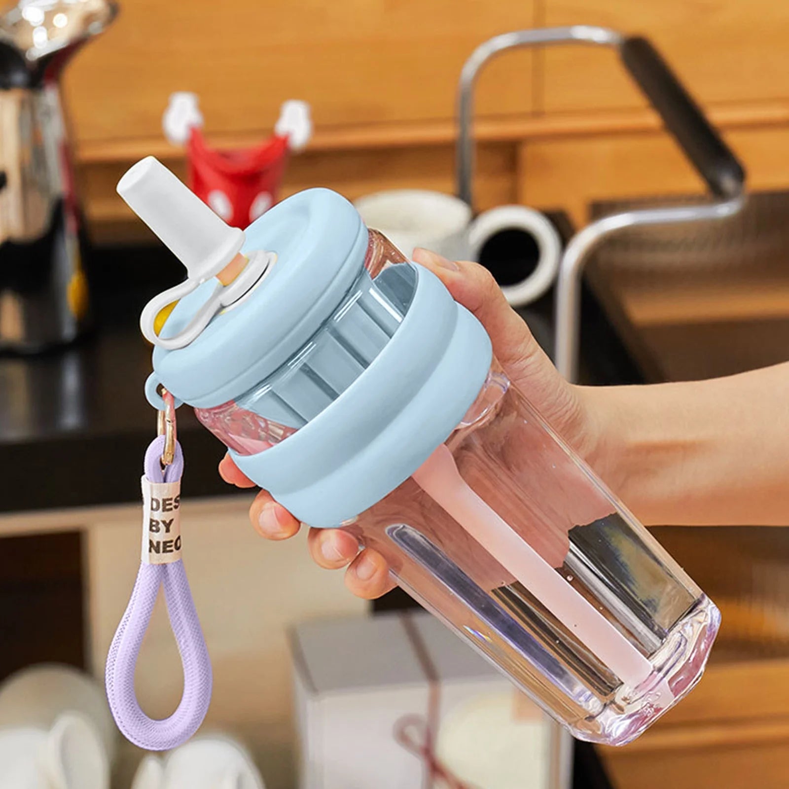 Flower Tea Cup Plastic Straw Cup With Handle Flower - Blue - Kinder Kreato