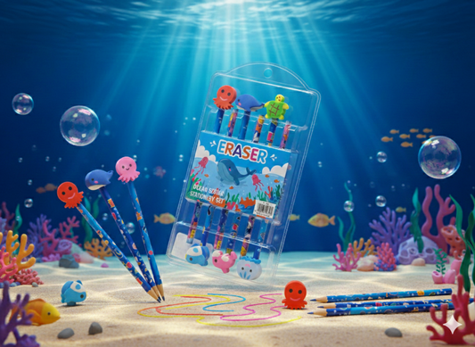 Sea Animal Lead Pencils with Erasers – Pack of 12, Set of 6 pencils with 6 cute sea animal erasers