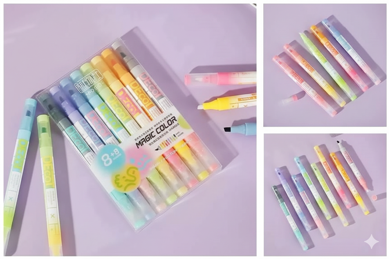 8 Pcs Magic Highlighters Set | Fluorescent Pens, Cute Stationery - Kinder Kreato