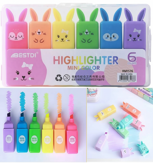 6 Pcs Rabbit Highlighters Set | Fluorescent Pens, Cute Stationery