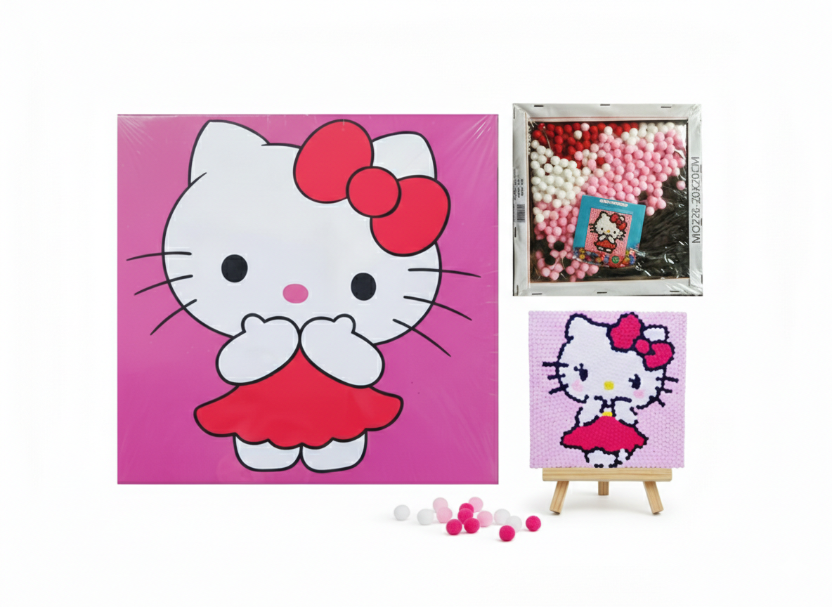 DIY Pom Pom Balls Canvas Craft | Hello Kittey (20×20 cm) - Kinder Kreato