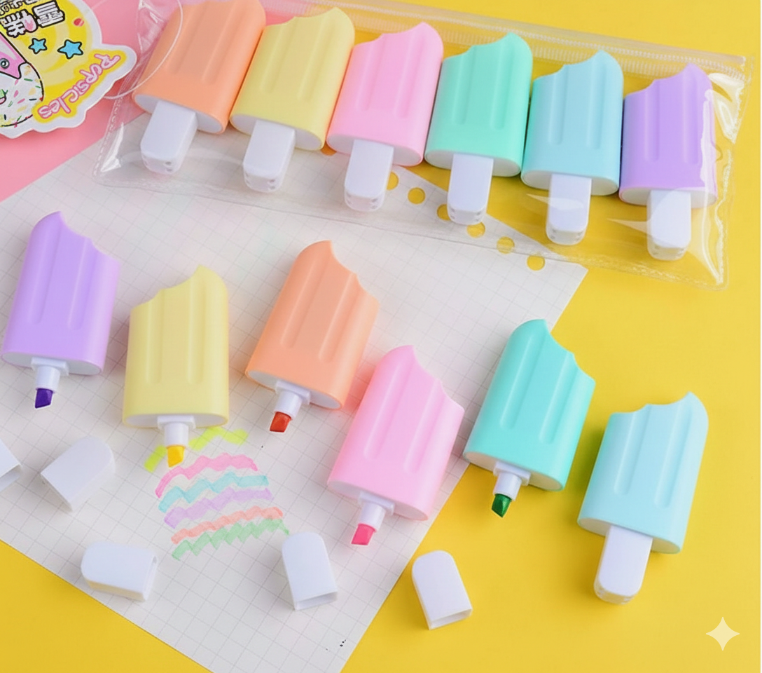 6 Pcs Icecream Highlighters Set | Fluorescent Pens, Cute Stationery - Kinder Kreato