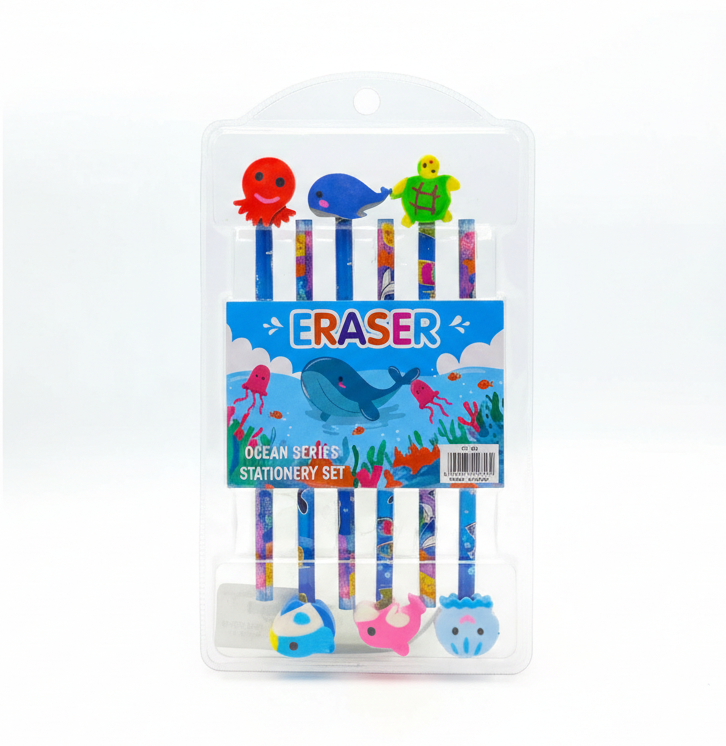Sea Animal Lead Pencils with Erasers – Pack of 12, Set of 6 pencils with 6 cute sea animal erasers