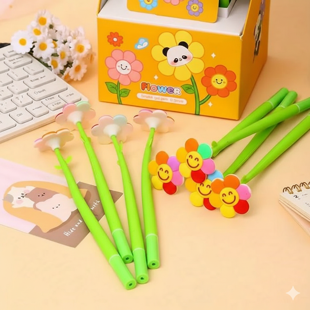 Cute Flower Gel Pens for Kids – Set of 2 | Adorable Stationery Gel Ink Pens for School & Gifting - Kinder Kreato