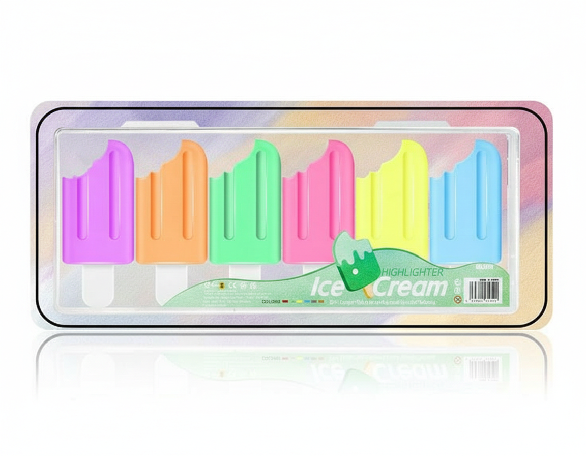 6 Pcs Icecream Highlighters Set | Fluorescent Pens, Cute Stationery - Kinder Kreato