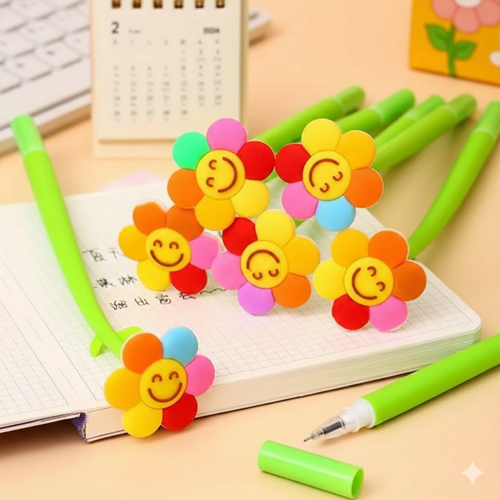 Cute Flower Gel Pens for Kids – Set of 2 | Adorable Stationery Gel Ink Pens for School & Gifting - Kinder Kreato
