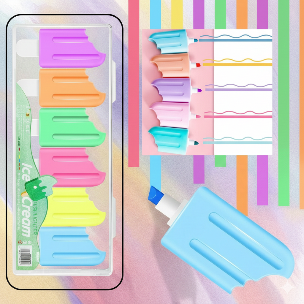 6 Pcs Icecream Highlighters Set | Fluorescent Pens, Cute Stationery - Kinder Kreato