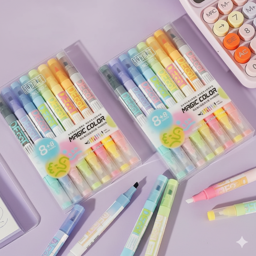 8 Pcs Magic Highlighters Set | Fluorescent Pens, Cute Stationery - Kinder Kreato