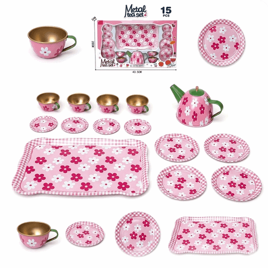 Premium Quality Tin Plated Tea Set – 15 Pieces Kids Pretend Play Set - Kinder Kreato