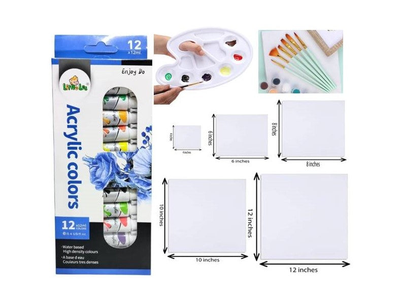 Complete Painting Set – 5 Canvas Boards + 6 Brush Set + 12 Acrylic Paints + Color Mixing Tray - Kinder Kreato