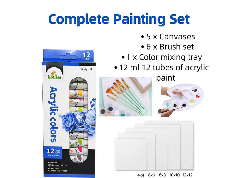 Complete Painting Set – 5 Canvas Boards + 6 Brush Set + 12 Acrylic Paints + Color Mixing Tray - Kinder Kreato