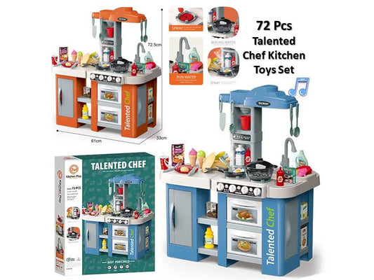 72 Pcs Talented Chef Kitchen Set for Kids | Play Kitchen with Music, Light, Sound, Spray & Boiling Effects