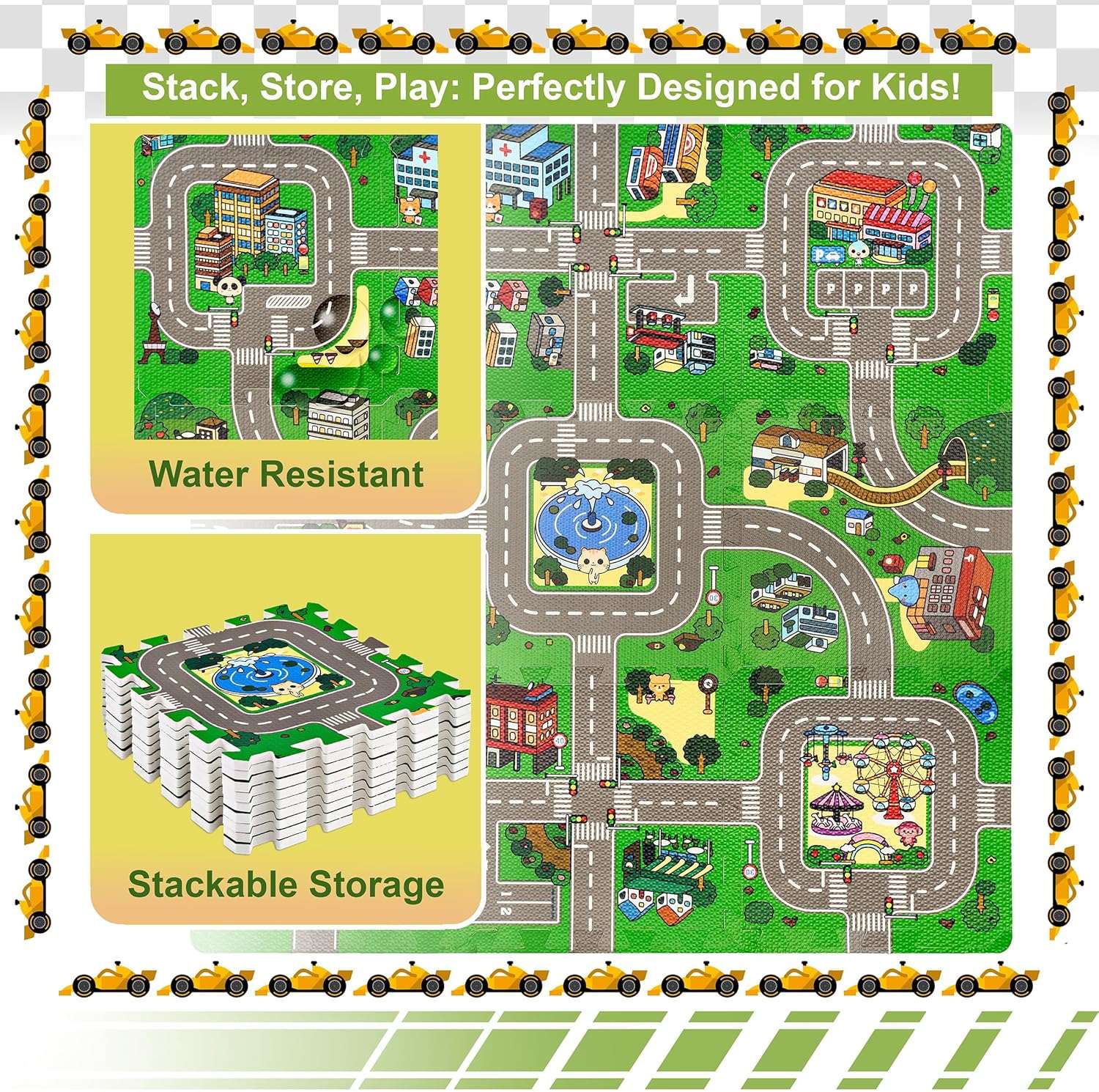 Sorbus Traffic Play Mat – 9-Piece Foam Interlocking Tiles with Borders - Kinder Kreato
