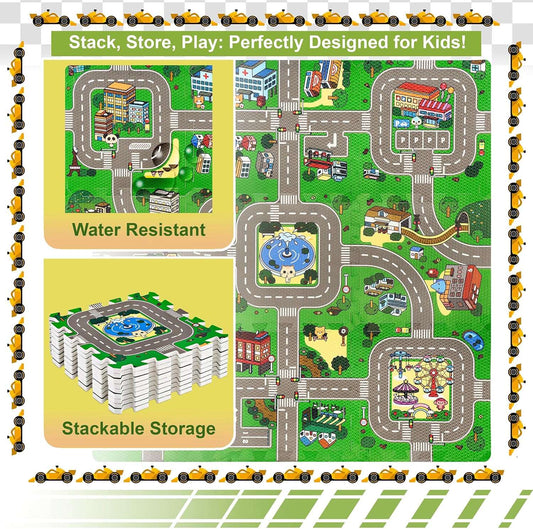 Sorbus Traffic Play Mat – 9-Piece Foam Interlocking Tiles with Borders - Kinder Kreato
