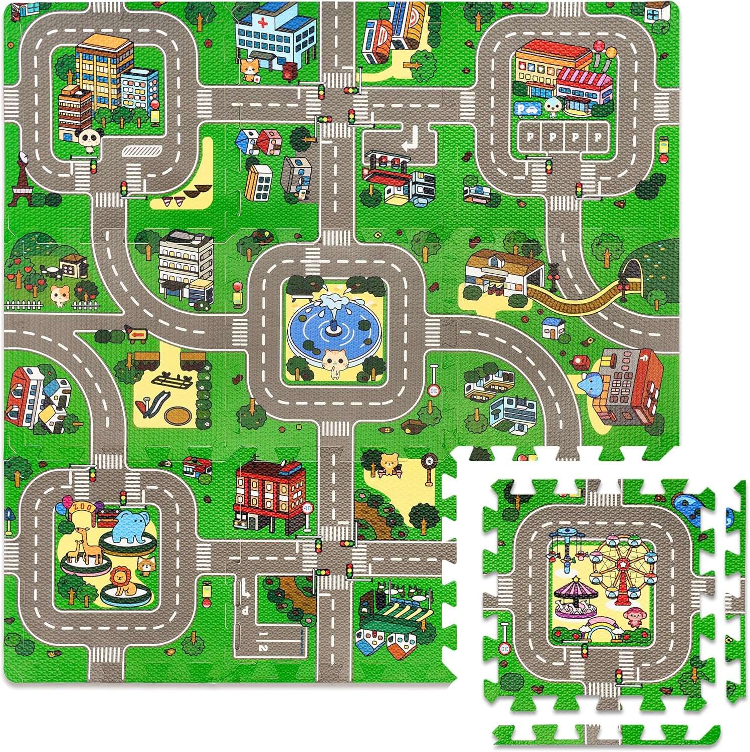Sorbus Traffic Play Mat – 9-Piece Foam Interlocking Tiles with Borders - Kinder Kreato