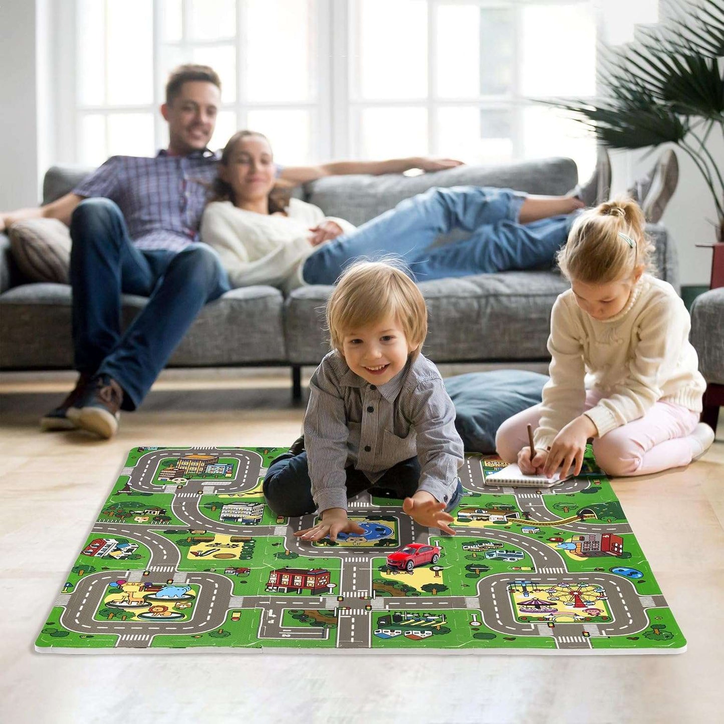 Sorbus Traffic Play Mat – 9-Piece Foam Interlocking Tiles with Borders - Kinder Kreato