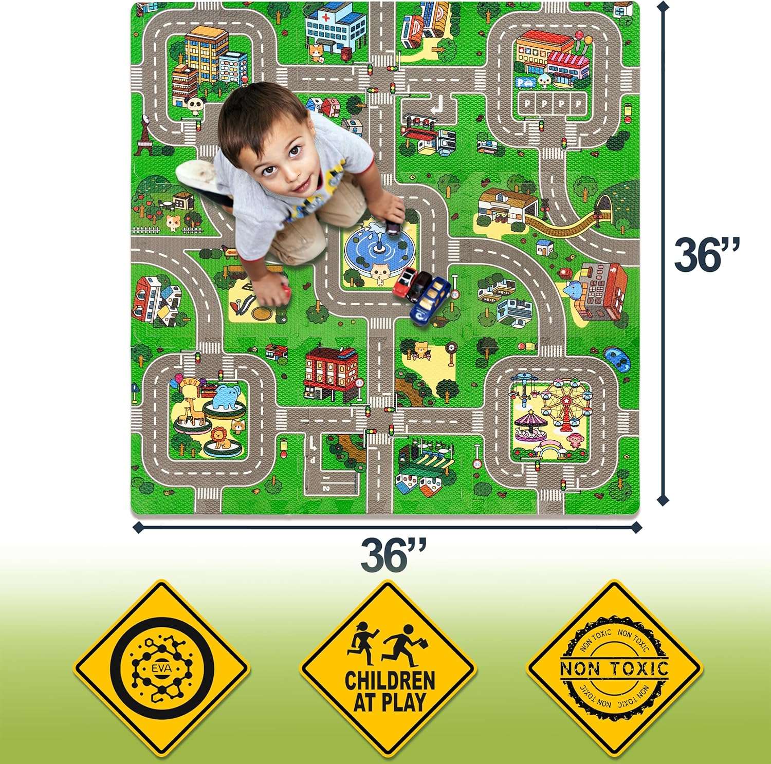 Sorbus Traffic Play Mat – 9-Piece Foam Interlocking Tiles with Borders - Kinder Kreato