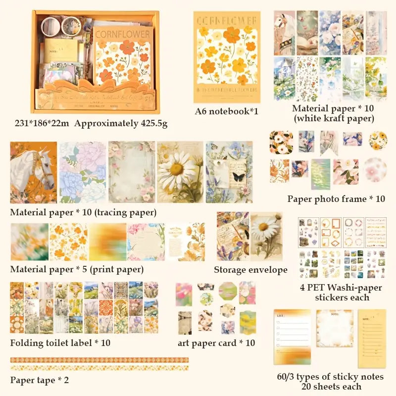 Vintage Vibrant Floral Diary Gift Box – 124 Items (Orange) - Kinder Kreato