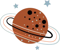 Illustration of a brown planet with rings, spots, and surrounding stars, space theme